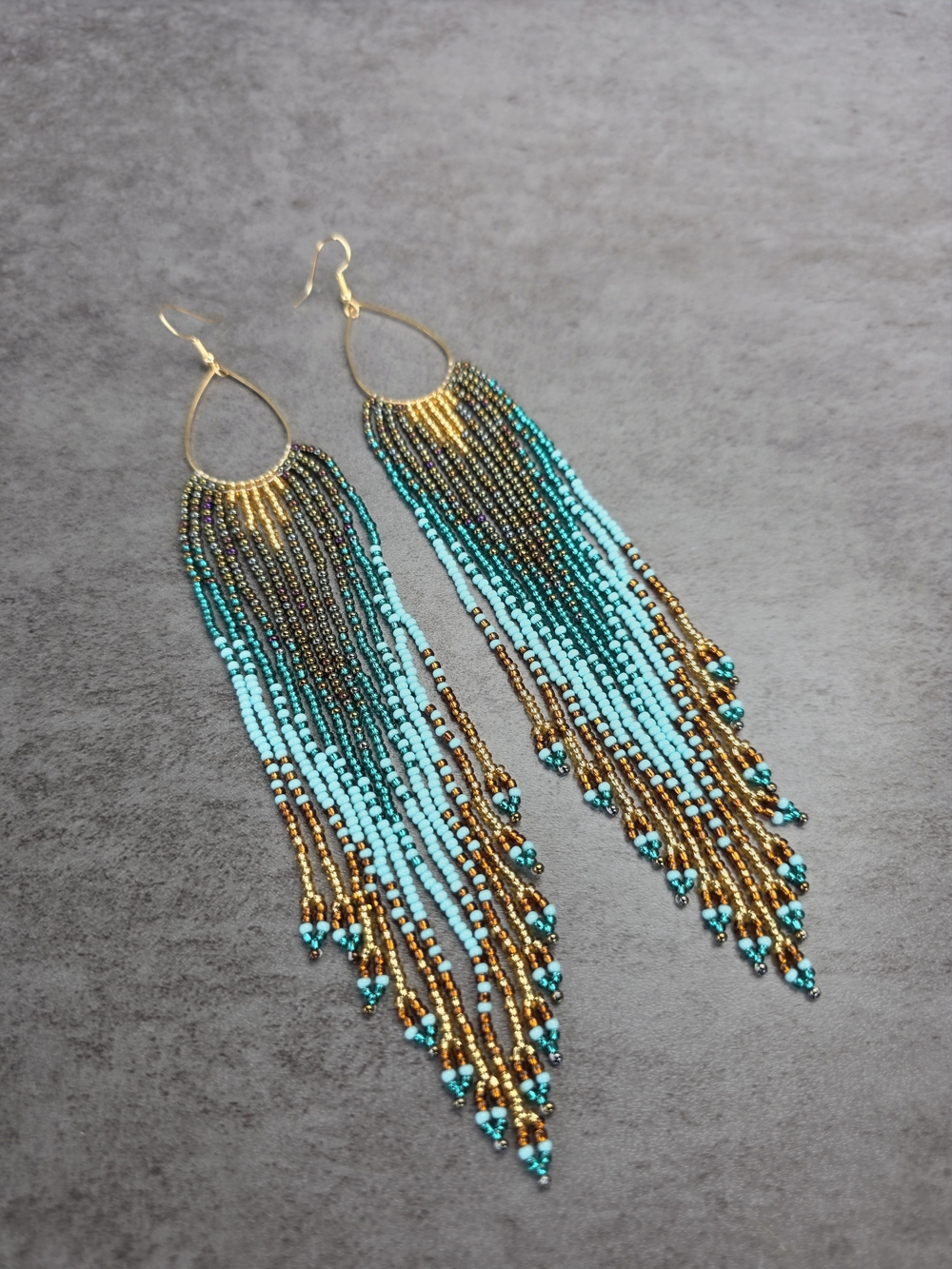 Handmade Coastal Boho Southwestern Beaded Earrings - Ombre Fringe Geo